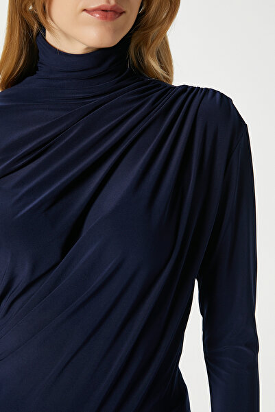 Ritnice Women's Moon Gathered Navy Blue Sandy Blouse