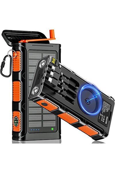 wastde 26800mAh solar power bank with wireless charging, LED flashlight and compass