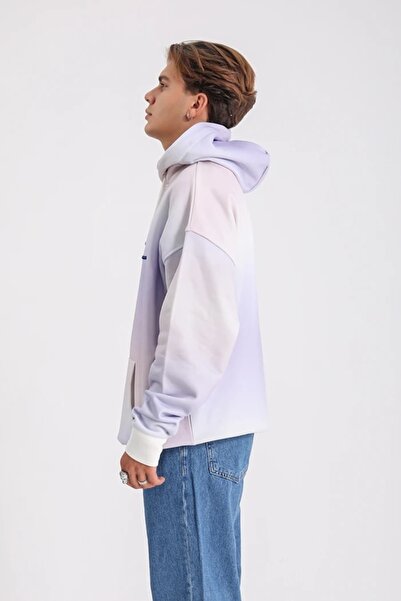 BirYıldızOl Hooded 3 Thread Fleece-Lined Color Block Gradient O Oversized Men's Sweatshirt