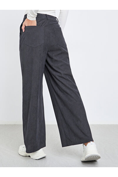 Styli Women Charcoal Corduroy Flat Front Wide Leg Pants