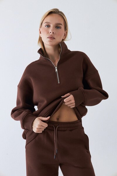 The Champ Clothing Unisex oversized Φούτερ Βασικό Καφέ – Μισό φερμουάρ ψηλός λαιμός , 3 Κλωστές Σ επένδυση fleece Φλις