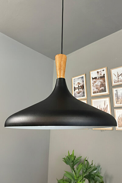 Bamyum Champion Siyah Iç Beyaz Ahşap Huni Tekli Avize Sarkıt Salon Mutfak But...