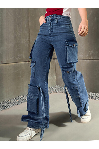 Sassafras By Styli Blue Washed Multi Pocket Cargo Jeans
