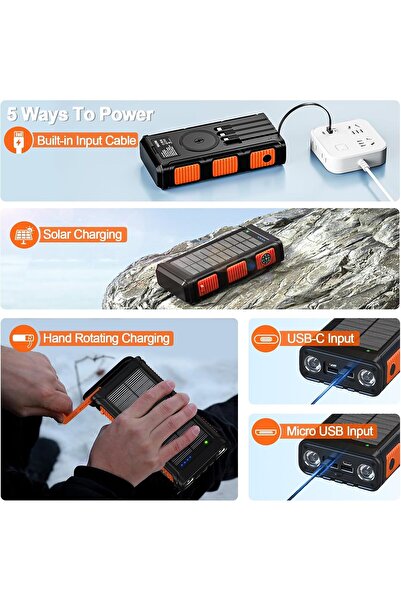 wastde 26800mAh solar power bank with wireless charging, LED flashlight and compass