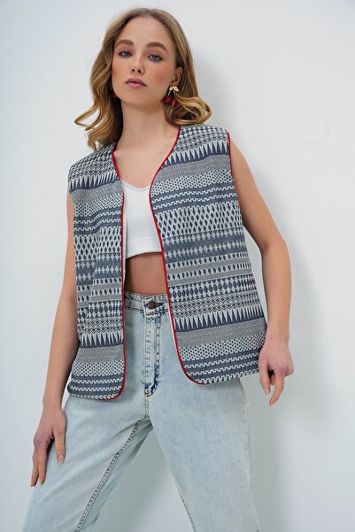 Trend Alaçatı Stili Жіночий темно-синій жилет з етнічним візерунком та бією ALC-X13721