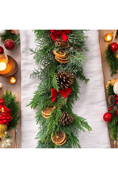 TASARİMECRN Yılbaşı Masa Süsü Canlı Doğal Yeni Yıl Şömine Garland Sofra Sunum Yeşil Süs Çam 50 cm