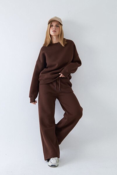 The Champ Clothing Unisex Oversized Tracksuit Set Basic Brown – Crew Neck, Wide Legs, 3 Thread Fleece-Lined Fleece