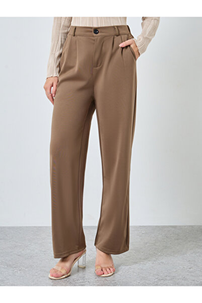 Styli Women Khaki Solid Pleated Wide Leg Pants