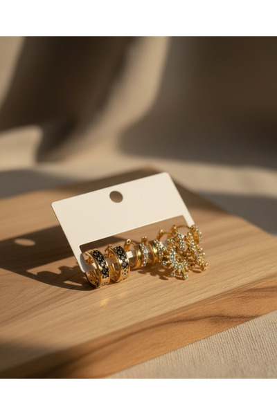 ARH VERKAUF Kadın Gold 3’lü Taşlı Halka Küpe Seti|Şık Zarif Altın Renk Kombin...