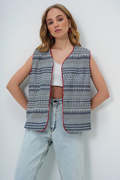 Trend Alaçatı Stili Жіночий темно-синій жилет з етнічним візерунком та бією ALC-X13721