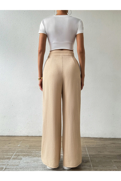 Take Two By Styli Beige Textured Wide Leg Trousers