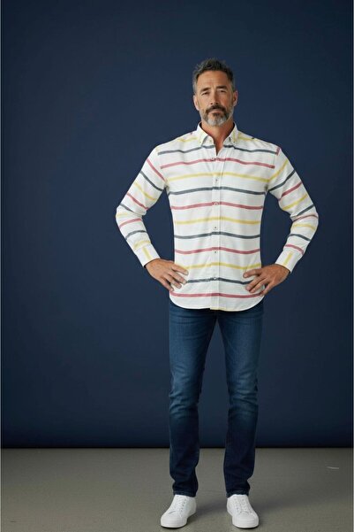 GÖMLEK GALERİSİ Slim Fit Sports Cut Panel Pattern Men's Long Sleeve Shirt