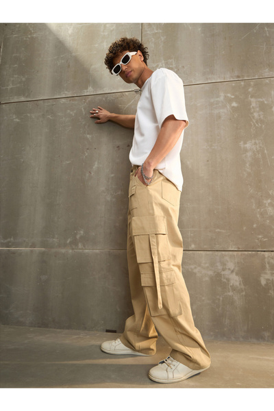 Sassafras By Styli Beige Twill Cargo Pockets Wide Leg Pants