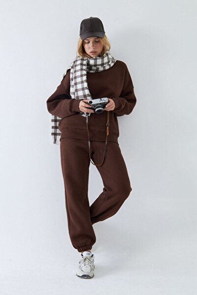 The Champ Clothing Unisex oversized Σετ αθλητικής φόρμας Basic Brown – Λαιμόκοψη, ελαστικό πόδι, 3-κλωνο φλις