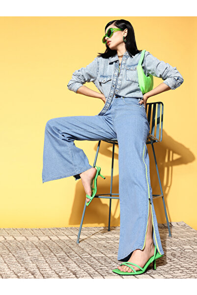 Sassafras By Styli Women Blue High Rise Side Zipper Detail Straight Jeans