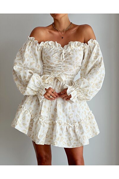 Elia Swimwear Muslin Mini Dress With Long Puff Sleeves White And Beige Celia