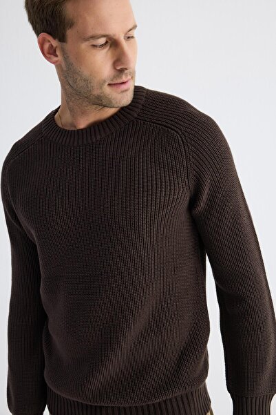 odelon Crew Neck Thessaloniki Knit Cotton Men's Dark Brown Knitwear Sweater
