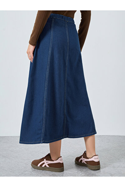 Styli Dark Blue Solid Panelled A-Line Midi Denim Skirt