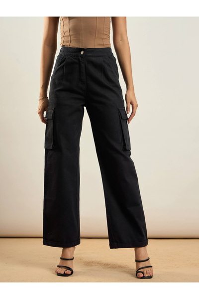 Sassafras By Styli Women Black Solid High Rise Straight Pants