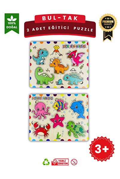 Lapin Deney Atölyesi Ahşap Eğitici Puzzle – 2’li Set (Dinozorlar & Deniz Canl...