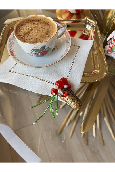 Hatice sakallı design 1 Piece of Beaded Pine Cone and Kokina Embroidery Coffee Side Serving Napkin New Year Christmas Napkin