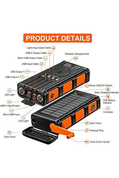 wastde 26800mAh solar power bank with wireless charging, LED flashlight and compass