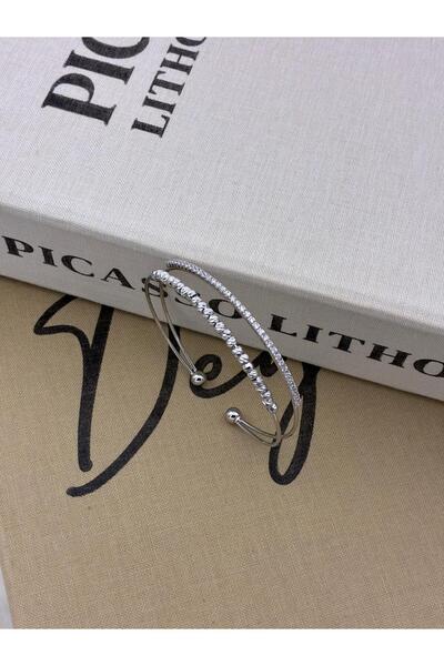 Hedef Bijuteri Silver Color Adjustable Two Row Dorica and Zircon Stone Detailed Bracelet