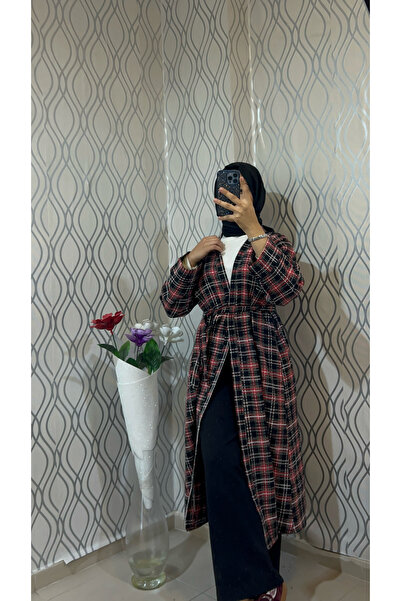 DİLEKBUTİK كيمونو شتوي منقوش باللون الأحمر والأسود