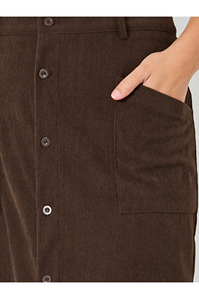 Styli Brown Corduroy A-Line Midi Skirt with Button Front