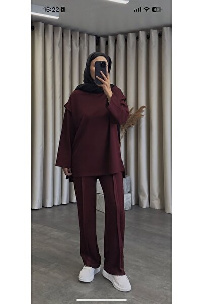Qimene ŞERİT DETAYLI BORDO RENK İKİLİ TAKIM
