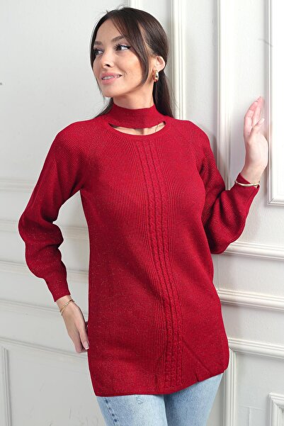 By Saygı Neckline Low-Cut Hair Braided Pattern Sports Tunic Sweater