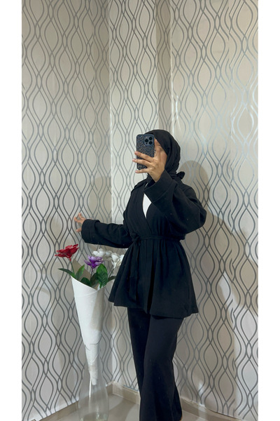 DİLEKBUTİK Black Unlined Winter Cashmere Kimono