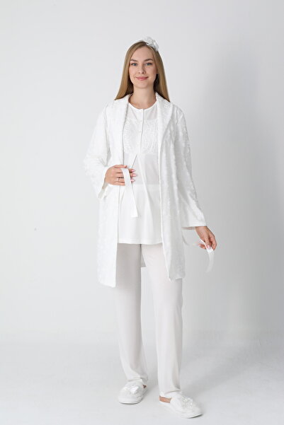 LOHOUSE Women's Jacquard Quilted Shawl Collar Cotton Winter Maternity Pajama Set with Dressing Gown 3-Piece Pajama Set