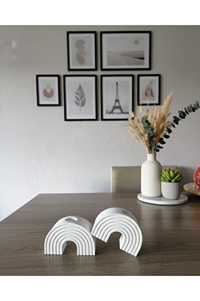 DRN Gökkuşağı Desenli, Şekilli Beyaz Şamdanlık 2 Li