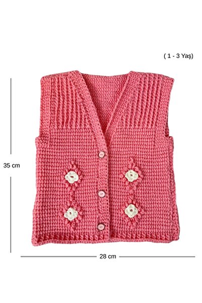 Uretti - Çiğdem 1390 3485 Hand Knitted Floral Patterned Knit Vest / 1 - 3 Years Old