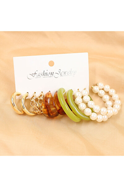 Hilosh 5-Piece Earring Set – Women's Earring Models with Gold, Green, Amber, and Pearl Details, Stylish Jewelry Set