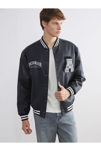 LC Waikiki College Collar Embroidered Men's Leather-Look Jacket