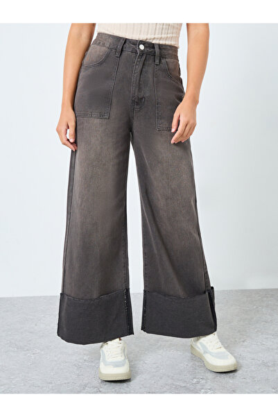 Styli High Rise Wide Leg Jeans with Fold-Up Hem