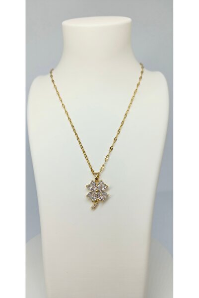 hediyesepetinde Şans Getiren Yonca Kolye ✨ Gold Renk Zirkon Taşlı Çelik Kolye