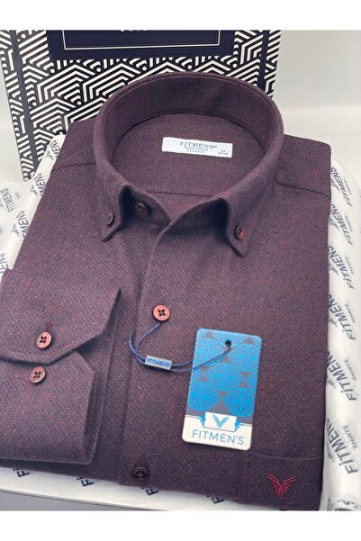 Fitmens Classic Long Sleeve Winter Collar Buttoned Woolen 100% Cotton Gift Boxed Men's Shirt Fs-003768 - Burgundy