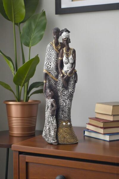 e-life shop Lüks İşlemeli Geleneksel Yerel Kıyafetli Afrikalı Aile Heykeli De...