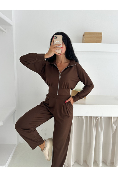 Gugus Women's Shalwar Cut Zippered Stand-Up Collar Casual Modal Sweat Suit