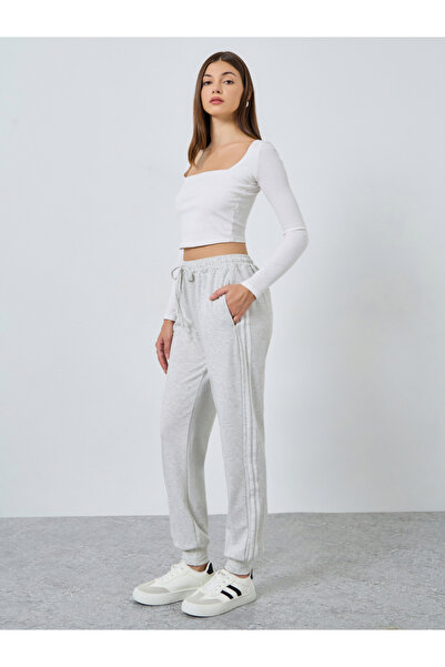 Styli Women Grey Side Striped Drawstring Waist Cuffed Joggers