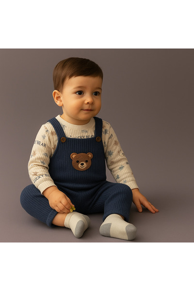 MYZİ STORE 100% Cotton Lucky Bear Patterned Baby Kids Salopet Set