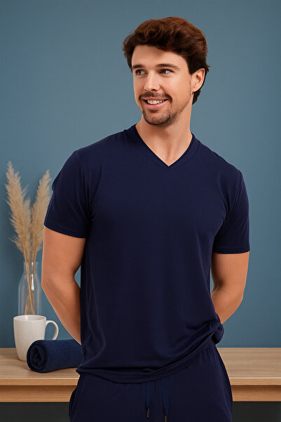 BONY SOCKS Silver V-Neck Men's Pajama Top Navy Blue