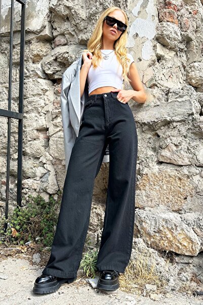 Trend Alaçatı Stili Fekete, magas derekú, széles szárú női farmernadrág - ALC-X12725