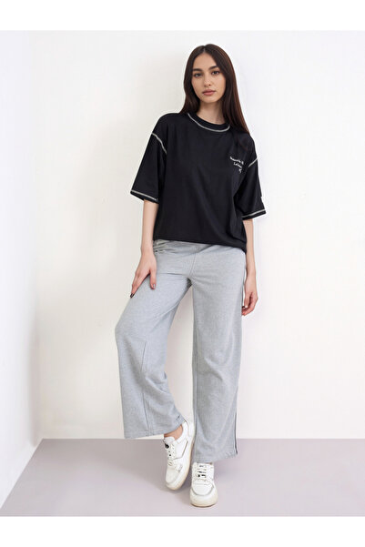 Styli Grey Wide Leg Joggers with Piping Detail