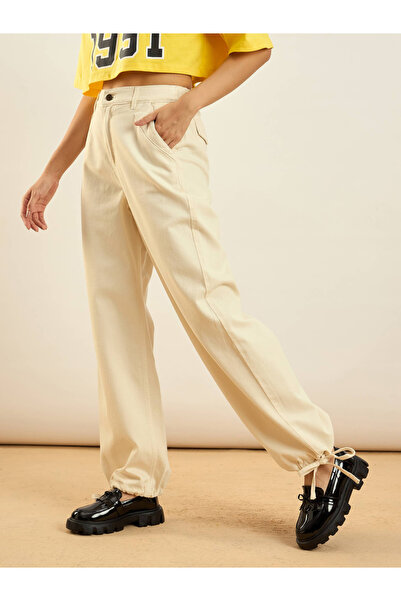 Sassafras By Styli Women Beige High Rise Drawstring Hem Jogger Jeans