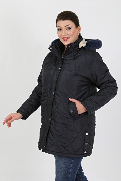 By Alba Collection Women's Dark Blue Quilted Inner Wool Large Size Coat