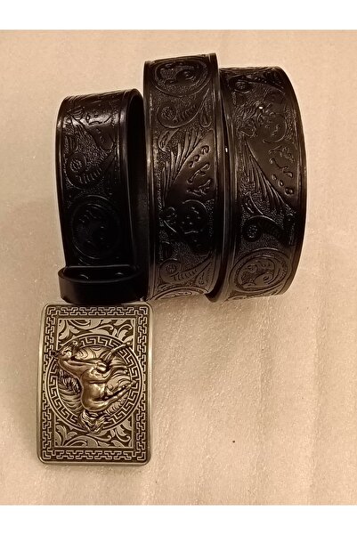 Butik Tülin حزام من الجلد الصناعي الأصلي للجنسين باللون الأسود مع نمط فضي مطب...